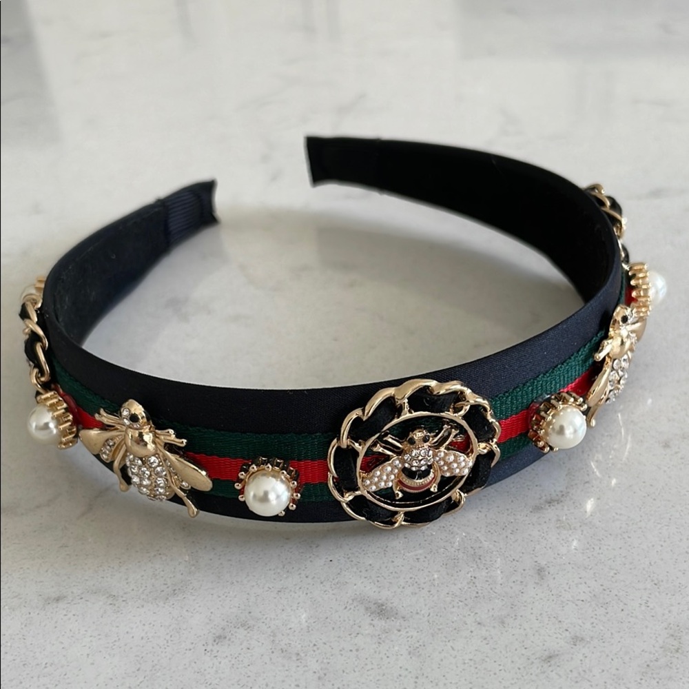 Elegant Black and Gold Headband with Pearl Accents NWOT